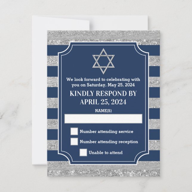 Striped Navy, Gray Bar Mitzvah RSVP Card (Front)