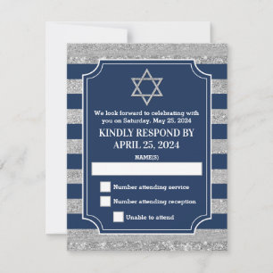 Striped Navy, Gray Bar Mitzvah RSVP Card