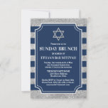 Striped Navy Gray Bar Mitzvah Star of David Brunch Invitation<br><div class="desc">This traditional Bar Mitzvah Sunday Brunch invitation in navy blue and grey stripes has a ticket-shaped text area that is trimmed in white. There is a large gray Star of David above the wording. The backside can have additional wording wording if needed. Email niteowlstudio@gmail.com with any requests for changes.</div>