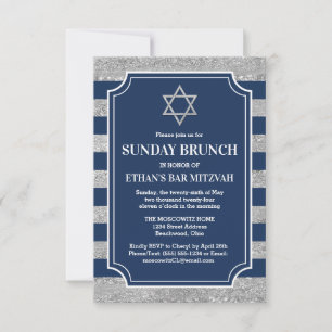 Striped Navy Gray Bar Mitzvah Star of David Brunch Invitation