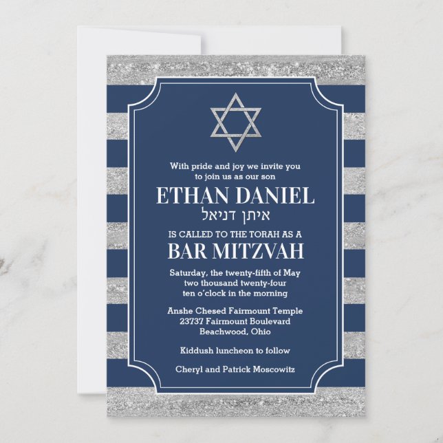 Striped Navy, Gray Bar Mitzvah Star of David Invitation (Front)