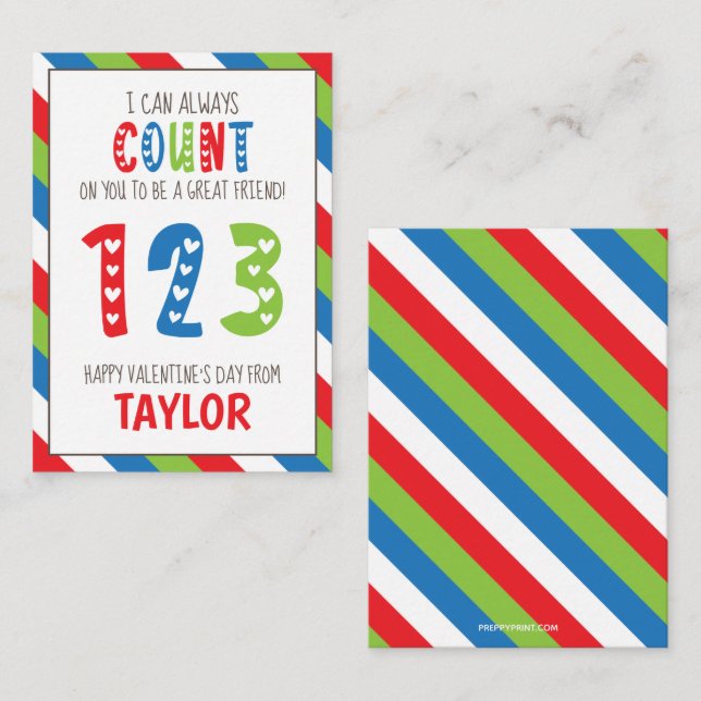 Striped Number Count Valentine's Classroom Cards (Front/Back)