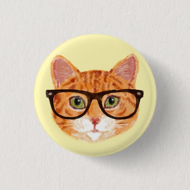 Striped Orange Hipster Cat Wearing Glasses Button (Front)