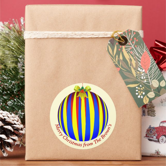 Striped Ornament Christmas Classic Round Sticker (Holiday)