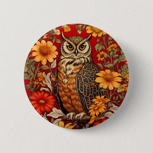 Striped Owl And Zinnia Flowers Button (Front)