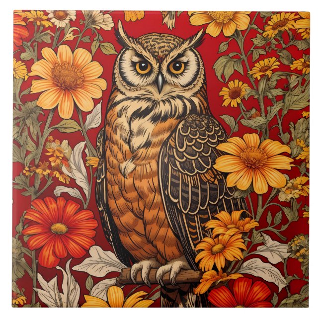 Striped Owl And Zinnia Flowers Ceramic Tile (Front)