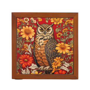 Striped Owl And Zinnia Flowers Desk Organizer