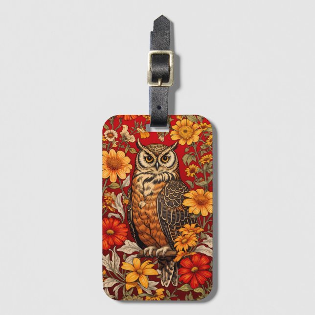Striped Owl And Zinnia Flowers Luggage Tag (Front Vertical)