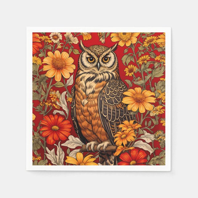 Striped Owl And Zinnia Flowers Napkins (Front)