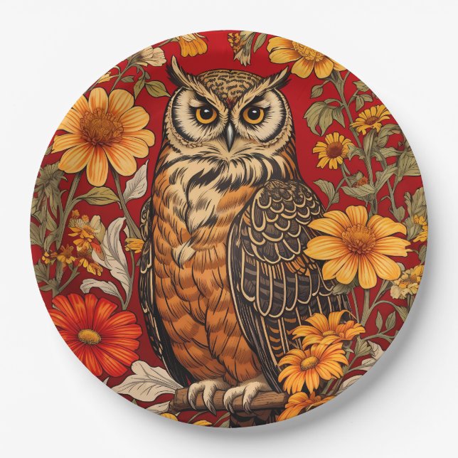 Striped Owl And Zinnia Flowers Paper Plates (Front)