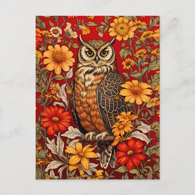 Striped Owl And Zinnia Flowers Postcard (Front)