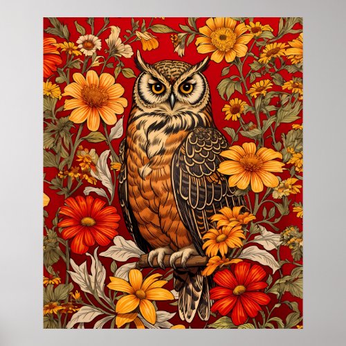 Striped Owl And Zinnia Flowers Poster