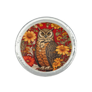 Striped Owl And Zinnia Flowers Ring