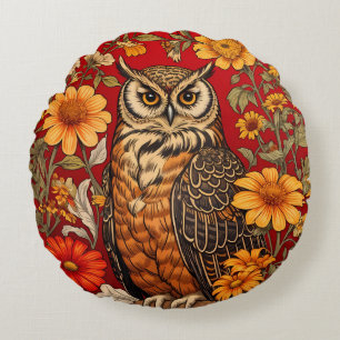Striped Owl And Zinnia Flowers Round Pillow