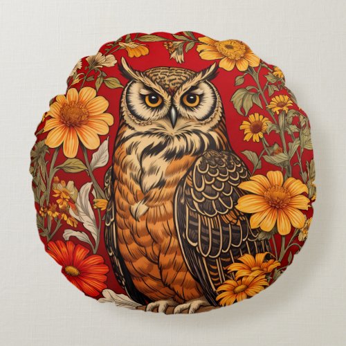 Striped Owl And Zinnia Flowers Round Pillow