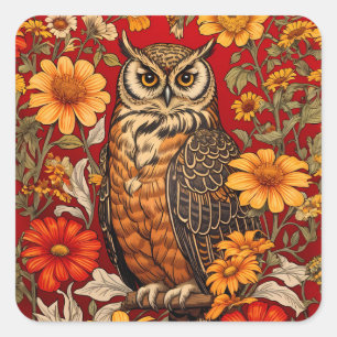 Striped Owl And Zinnia Flowers Square Sticker