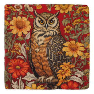 Striped Owl And Zinnia Flowers Trivet