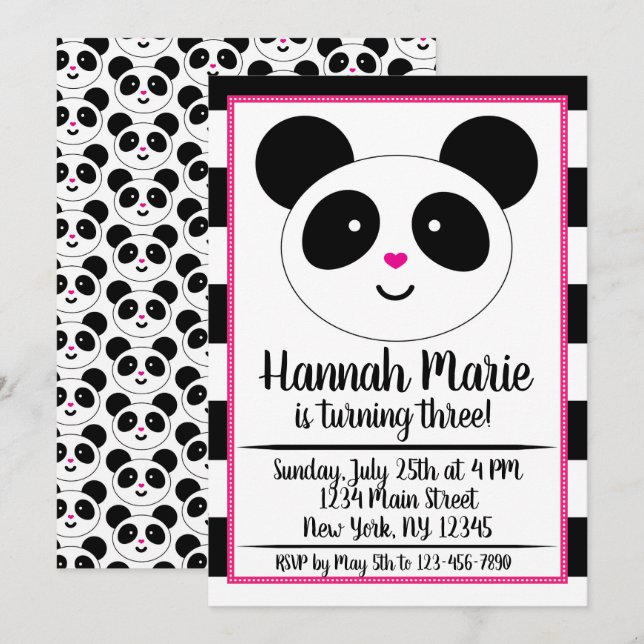 Striped Panda Party Birthday Invitation (Front/Back)