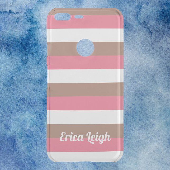 Striped Pattern Brown Pink White Personalize Uncommon Google Pixel XL Case (A phone case with pink, brown and white stripes!  The text can be changed and personalized!)