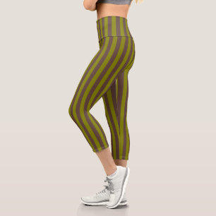 Striped pattern in chocolate brown and olive green capri leggings