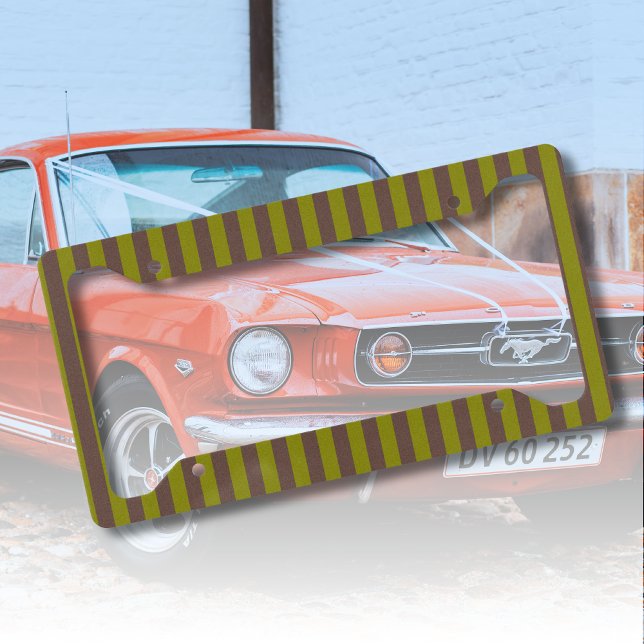 Striped pattern in chocolate brown and olive green license plate frame (Creator Uploaded)