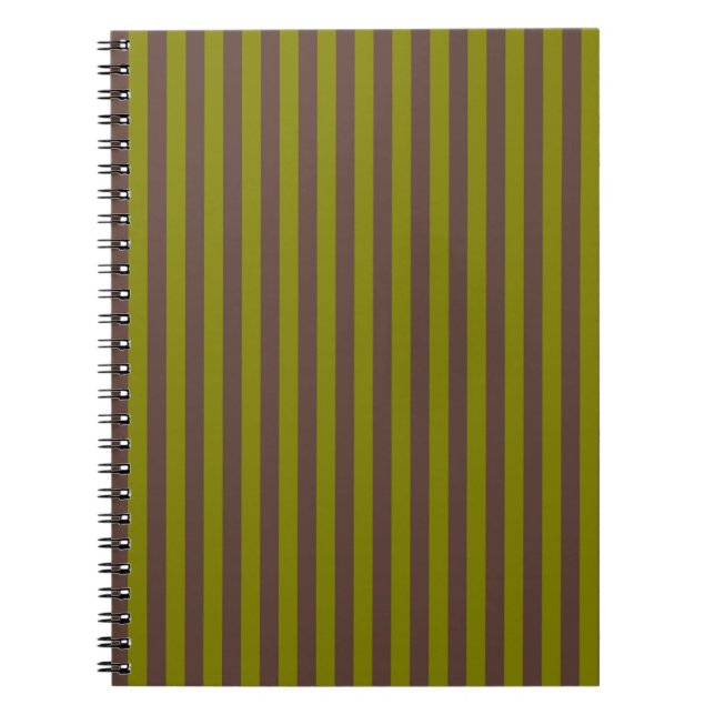 Striped pattern in chocolate brown and olive green notebook (Front)