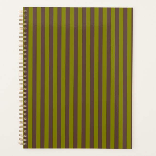 Striped pattern in chocolate brown and olive green planner (Front)