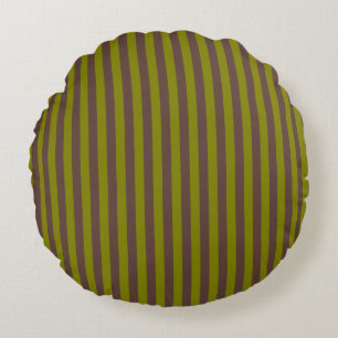 Striped pattern in chocolate brown and olive green round pillow