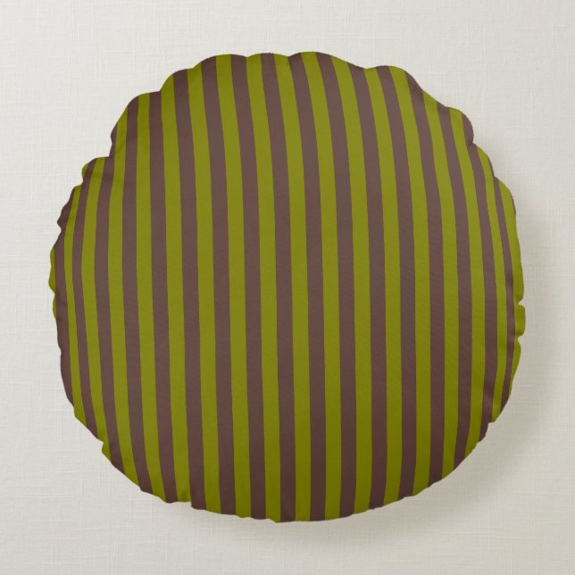 Striped pattern in chocolate brown and olive green round pillow (Front)