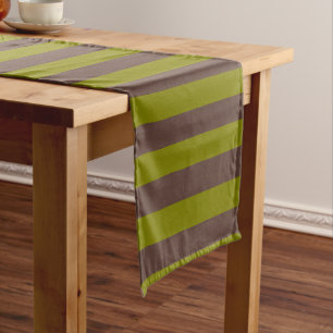 Striped pattern in chocolate brown and olive green short table runner