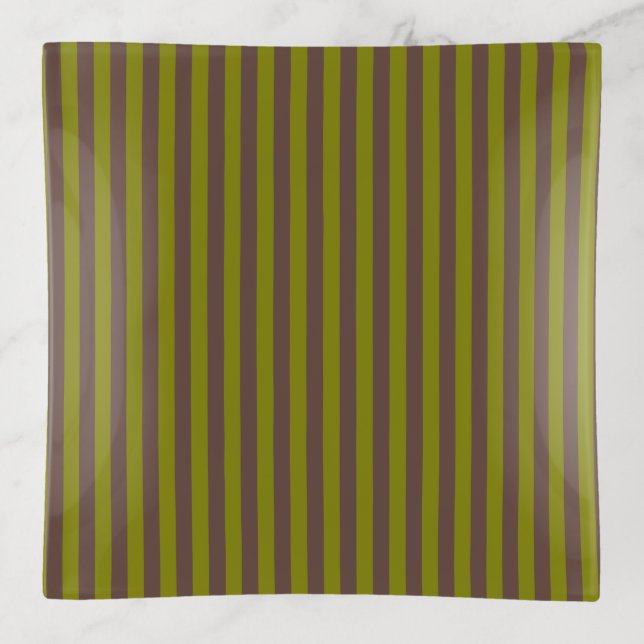 Striped pattern in chocolate brown and olive green trinket tray (Front)