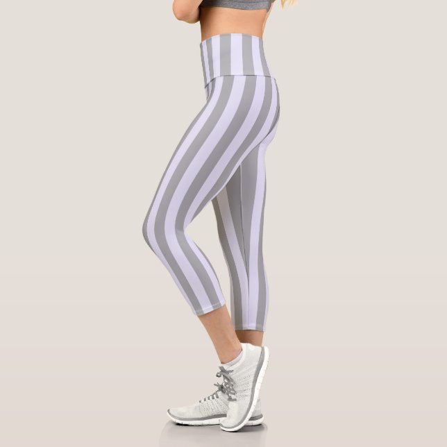 Striped pattern in gray and lavender capri leggings (Left)