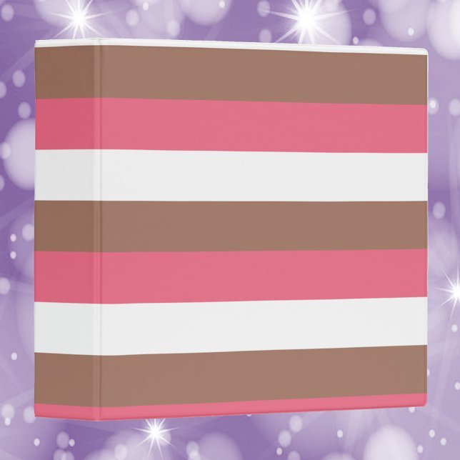 Striped Pattern Pink Brown White 3 Ring Binder (A binder with brown, pink and white stripes)