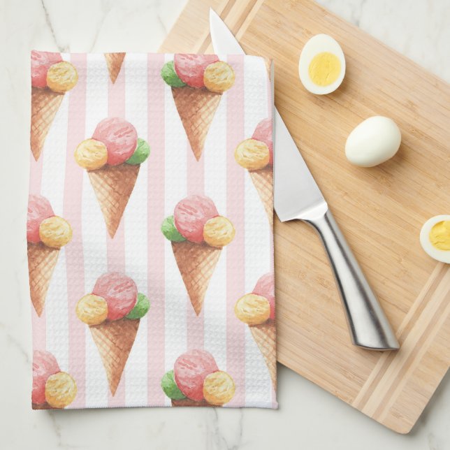 Striped pattern with Ice cream Kitchen Towel (Quarter Fold)