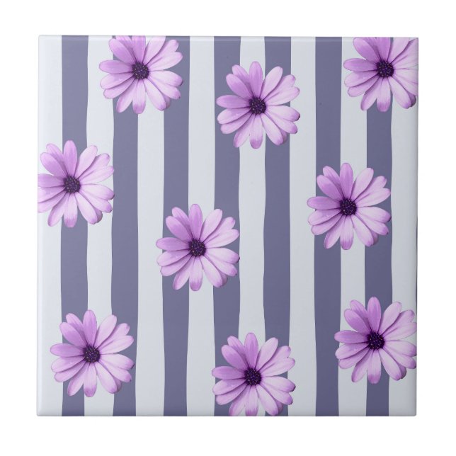 Striped Pattern with Purple Daisies Ceramic Tile (Front)