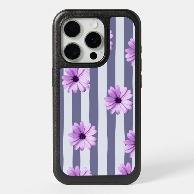 striped pattern with purple daisies iPhone 15 pro case (Back)