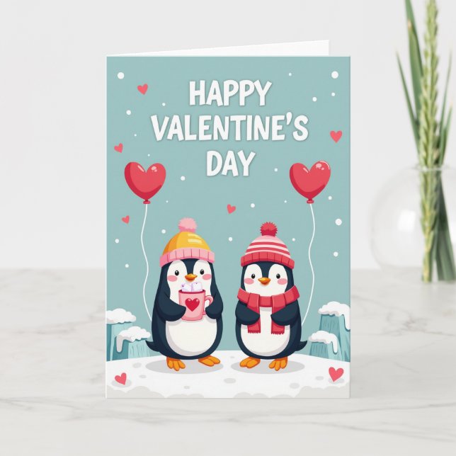 Striped Penguins Valentines Day Card (Front)