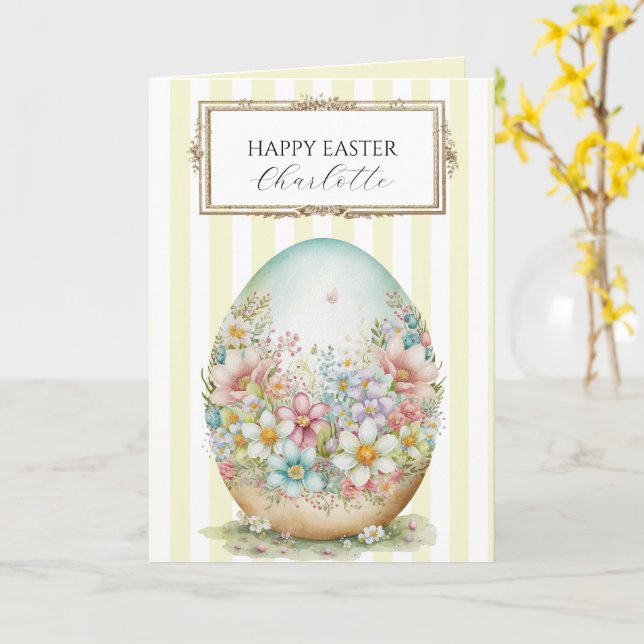 Striped Personalised Decorative Easter Egg  Card (Yellow Flower)
