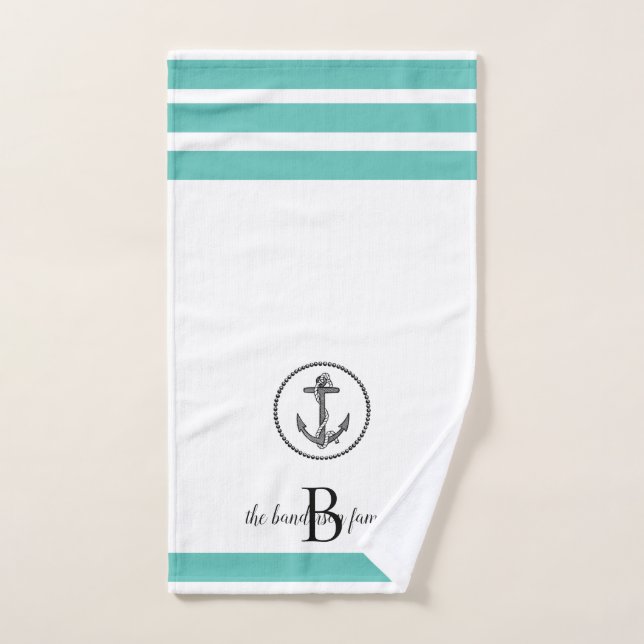 Striped Personalized Black Circled Anchor  Hand Towel (Hand Towel)