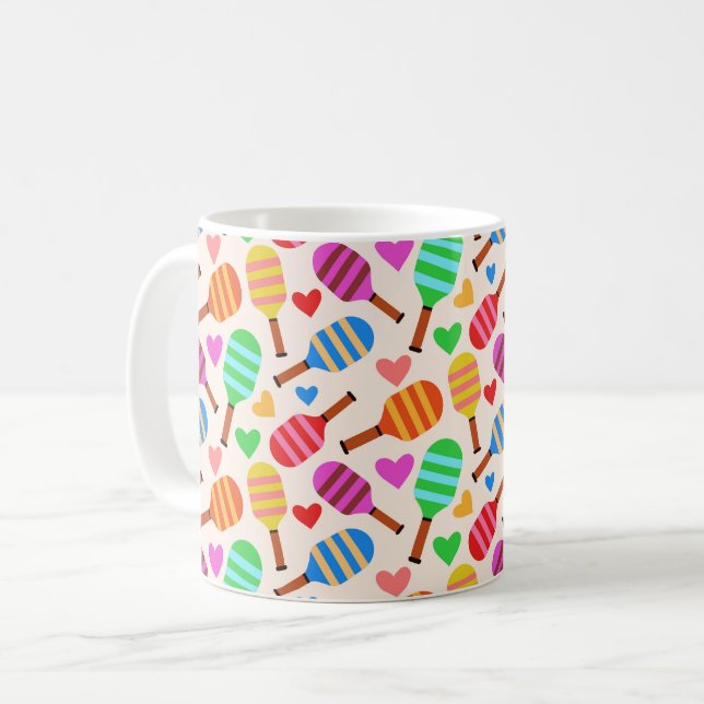 Striped Pickleball Paddles Pattern with Hearts  Coffee Mug (Front Left)