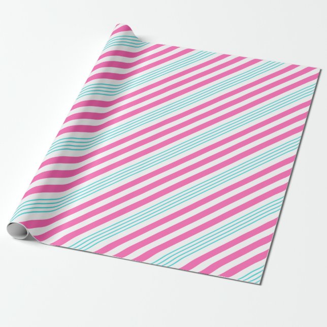 Striped Pink and Blue Candy Cane  Wrapping Paper (Unrolled)