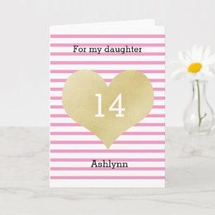 Striped Pink and Gold Heart 14th Birthday Daughter Card