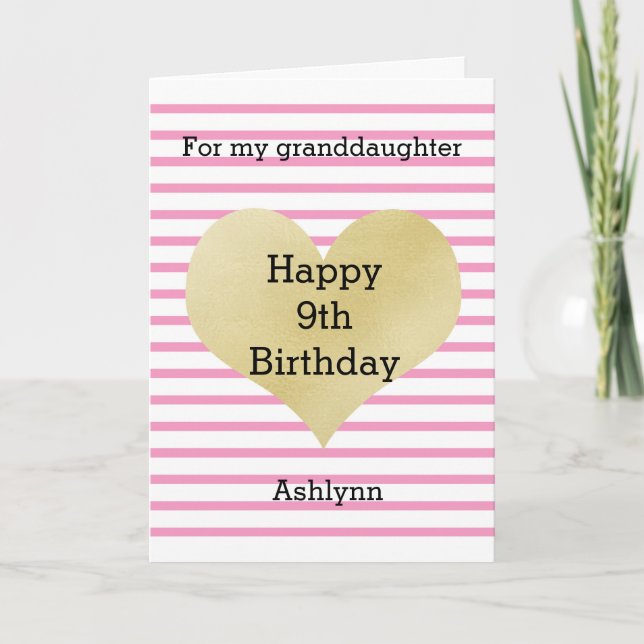 Striped Pink and Gold Heart 9th Birthday Card (Front)