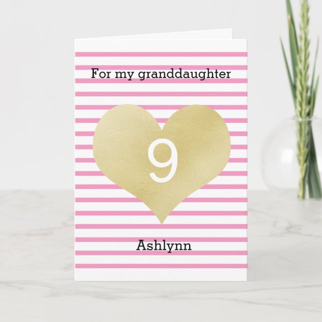 Striped Pink and Gold Heart 9th Birthday Card (Front)
