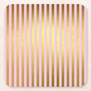 Striped- pink and golden stripes square paper coaster