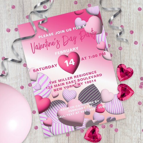 Striped Pink And White Heart Balloons Valentines Invitation