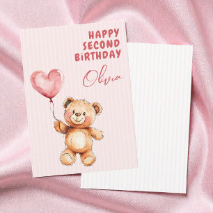 Striped Pink Balloon Teddy Bear Happy 2nd Birthday Card