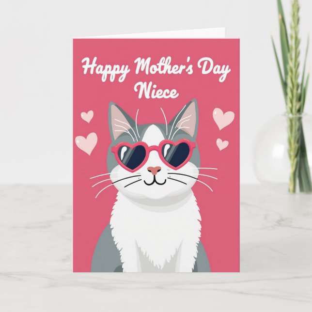 Striped Pink Cat Mothers Day Card (Front)