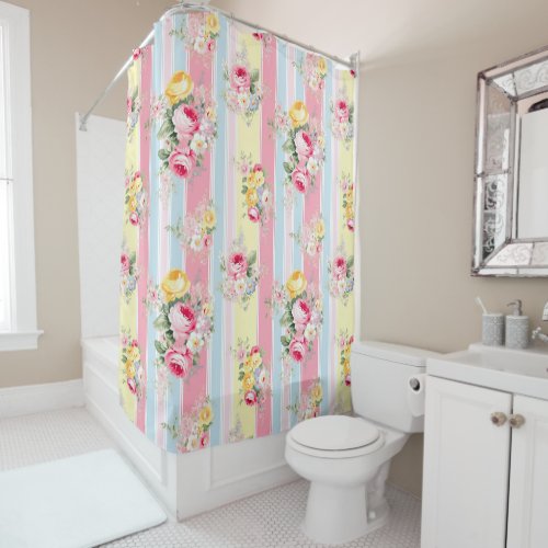 Striped Pink Floral Shower Curtain