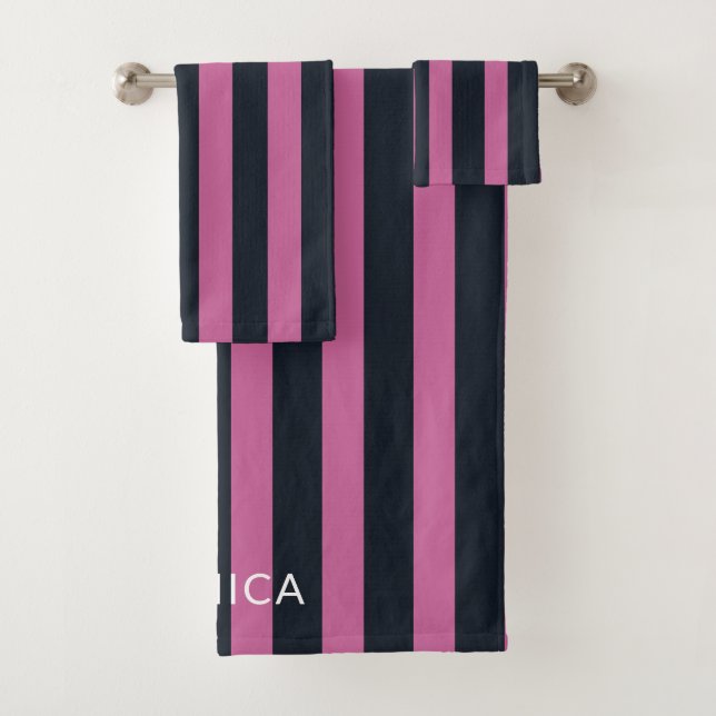 striped pink | navy custom name  bath towel set (Insitu)